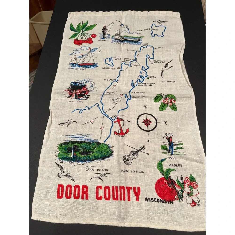 Vintage Door County Wisconsin Souvenir Map Linen Tea Towel Kitchen Decor 15x28